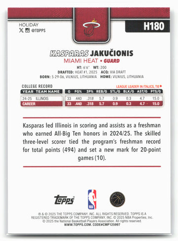 2025-26 Topps Holiday #H180 Kasparas Jakučionis