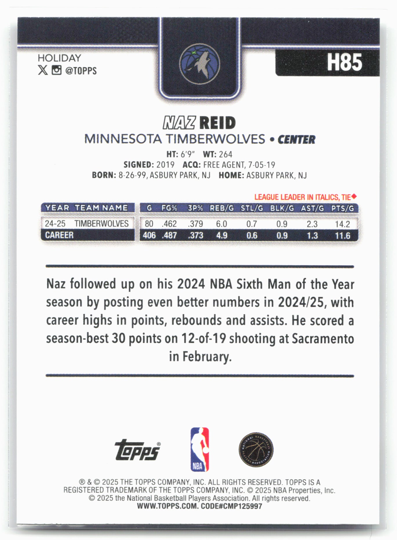 2025-26 Topps Holiday #H85 Naz Reid
