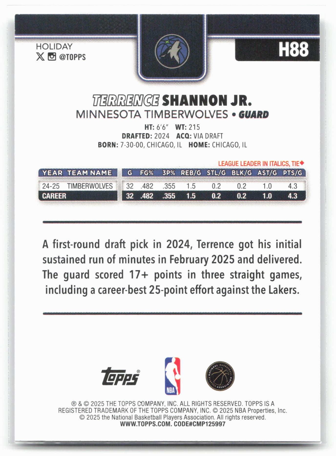 2025-26 Topps Holiday #H88 Terrence Shannon Jr.