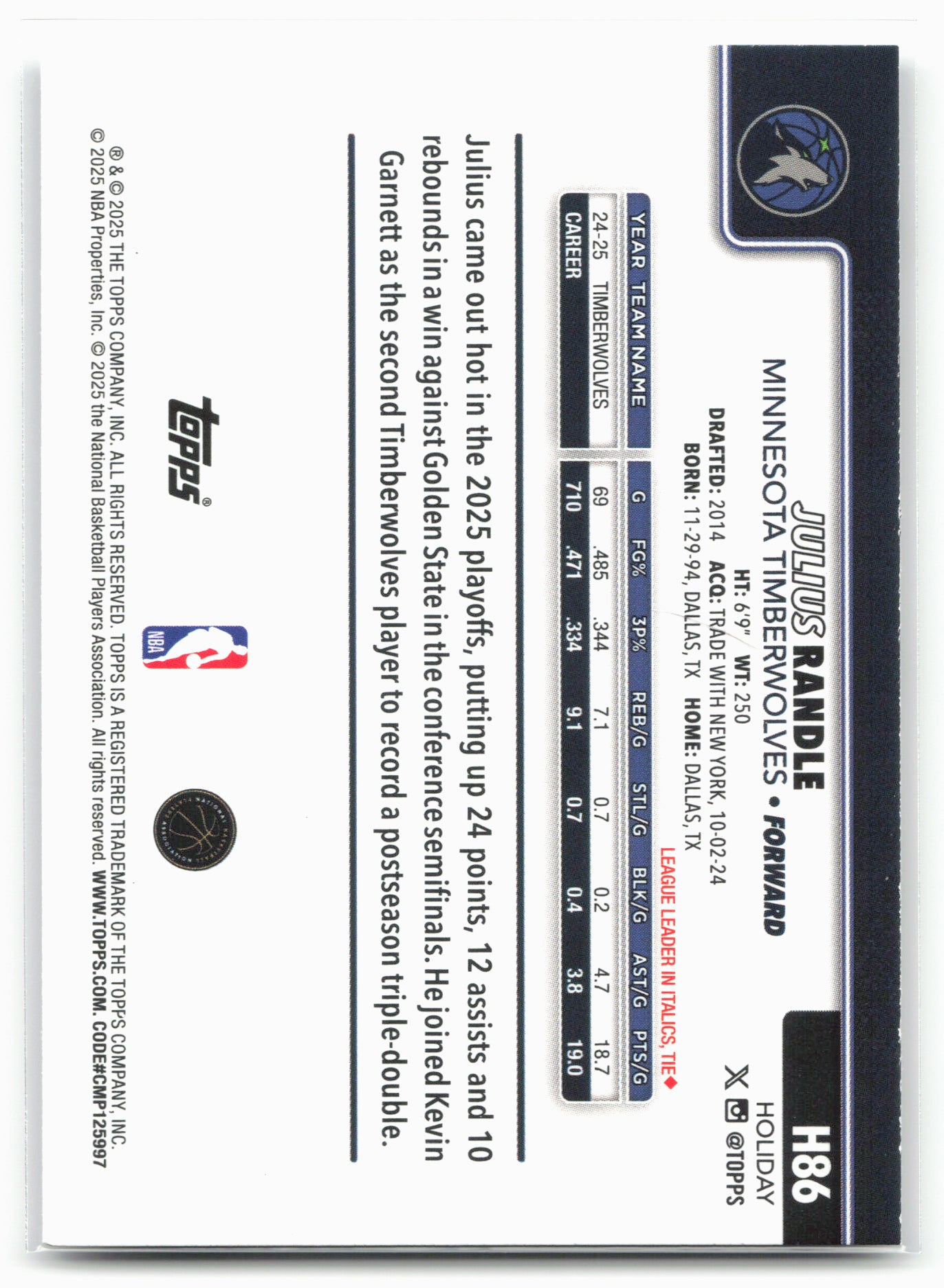 2025-26 Topps Holiday #H86 Julius Randle
