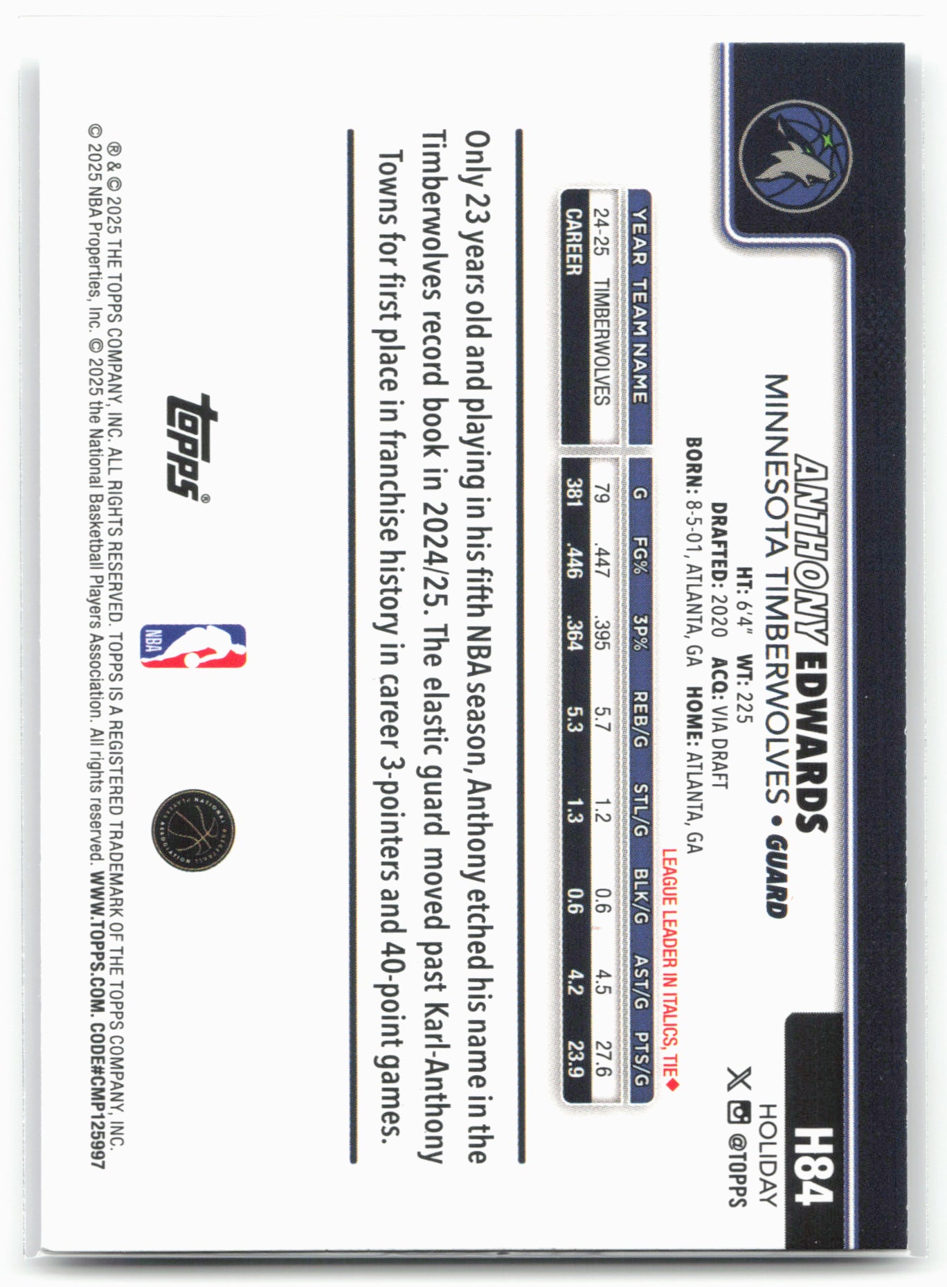 2025-26 Topps Holiday #H84 Anthony Edwards