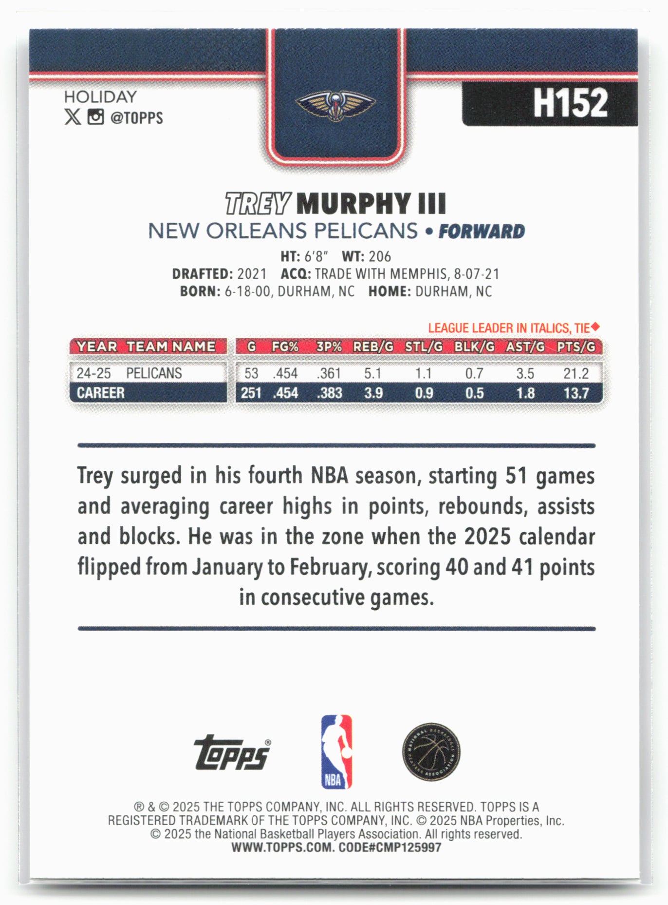 2025-26 Topps Holiday #H152 Trey Murphy III