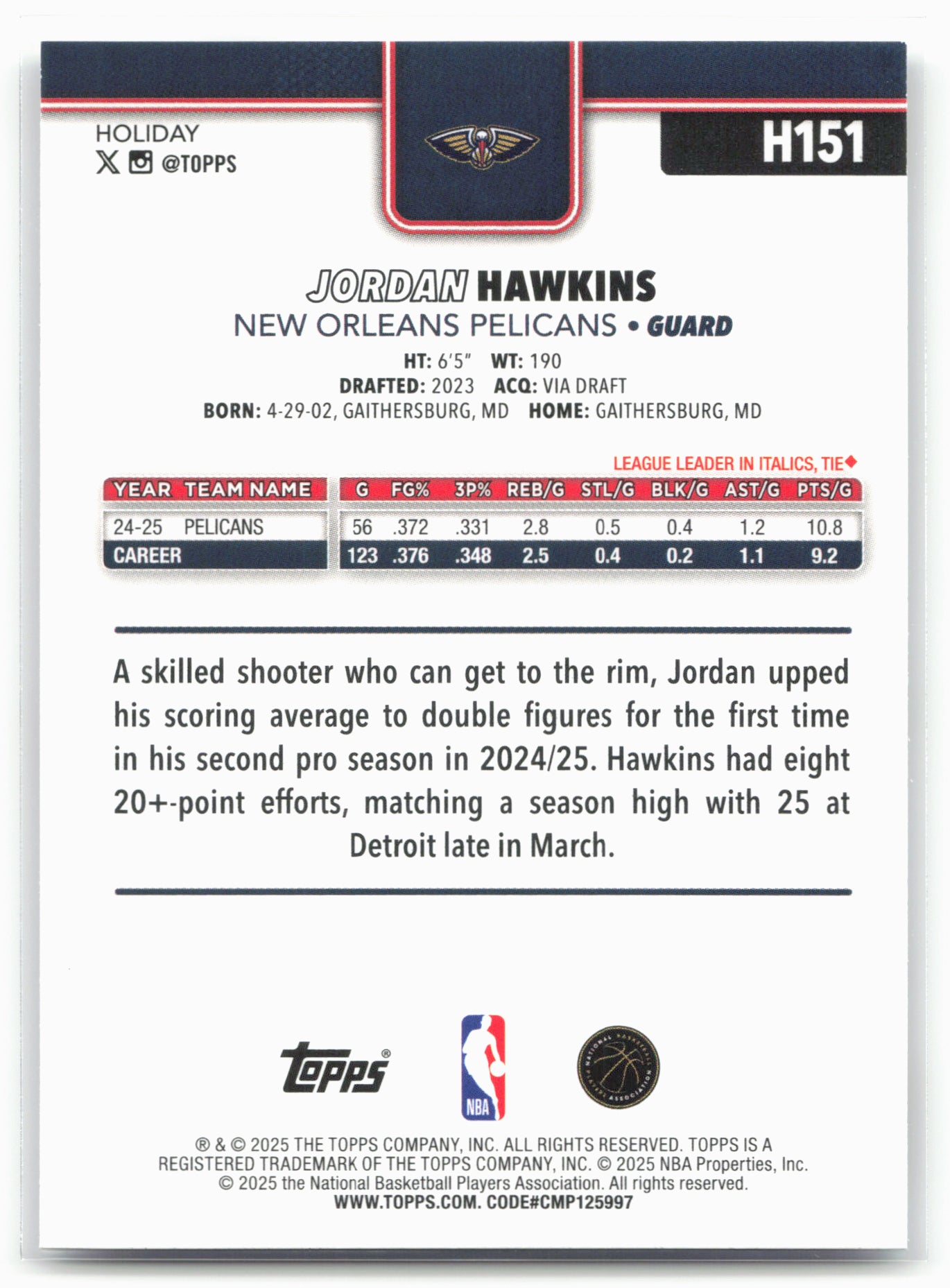 2025-26 Topps Holiday #H151 Jordan Hawkins