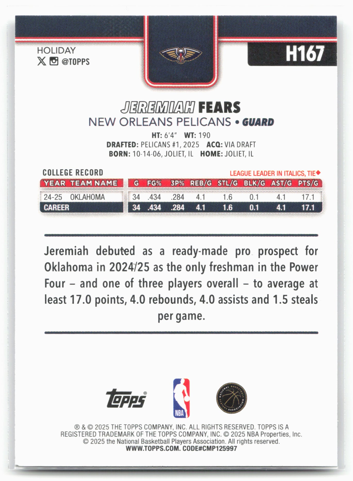 2025-26 Topps Holiday #H167 Jeremiah Fears