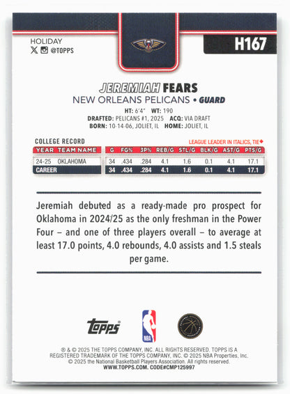 2025-26 Topps Holiday #H167 Jeremiah Fears