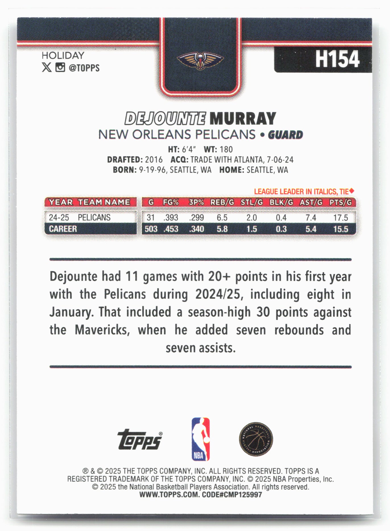 2025-26 Topps Holiday #H154 Dejounte Murray