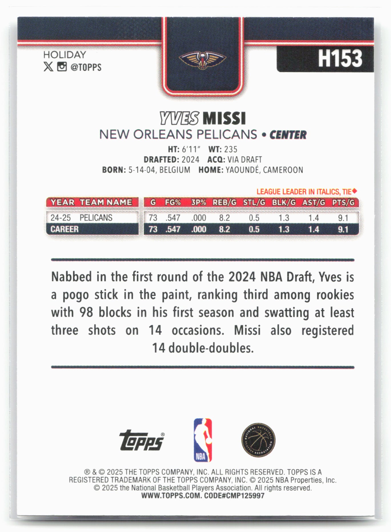 2025-26 Topps Holiday #H153 Yves Missi