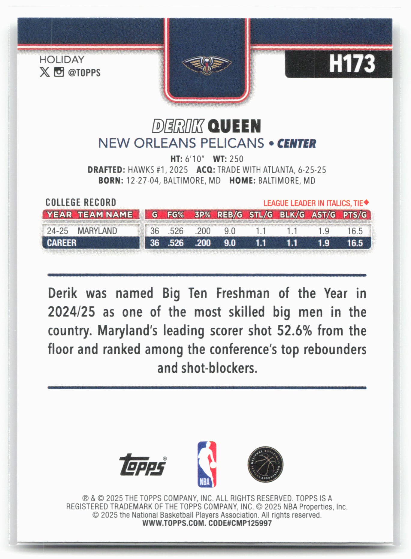 2025-26 Topps Holiday #H173 Derik Queen