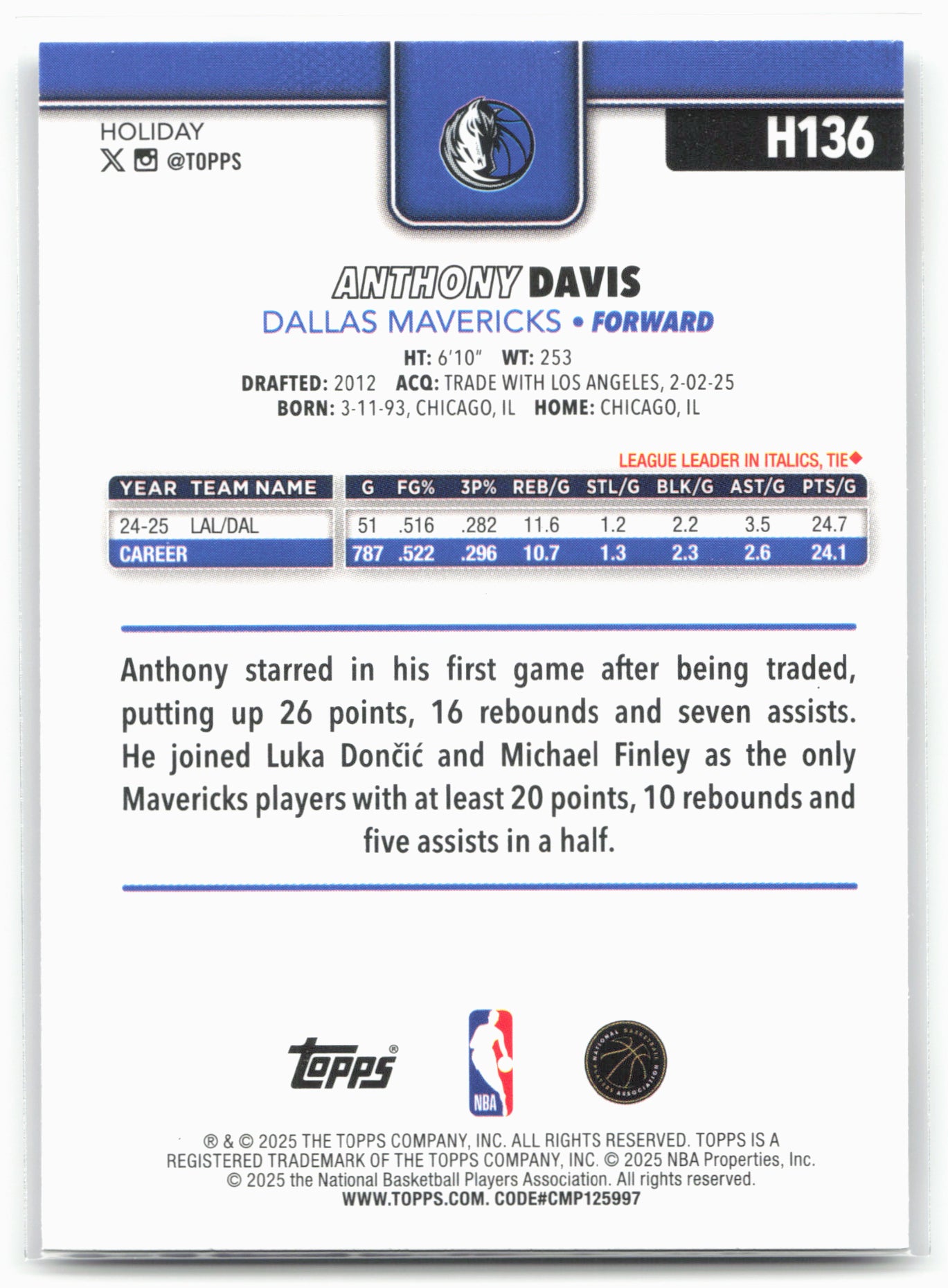 2025-26 Topps Holiday #H136 Anthony Davis