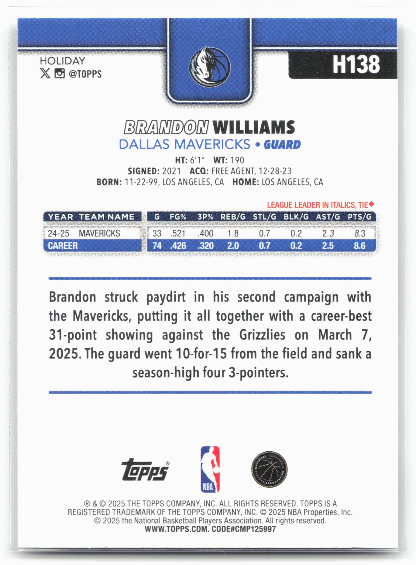 2025-26 Topps Holiday #H138 Brandon Williams