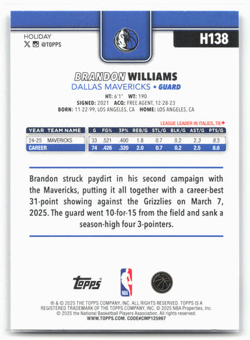 2025-26 Topps Holiday #H138 Brandon Williams