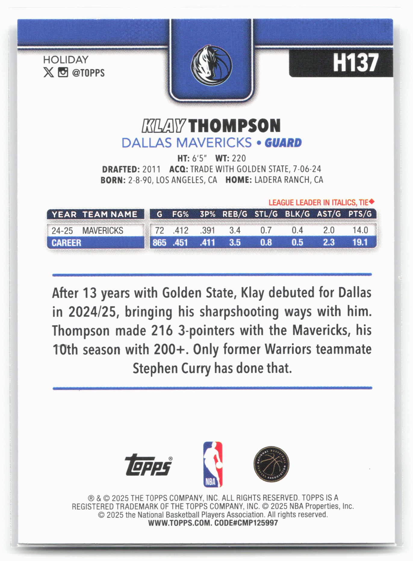 2025-26 Topps Holiday #H137 Klay Thompson