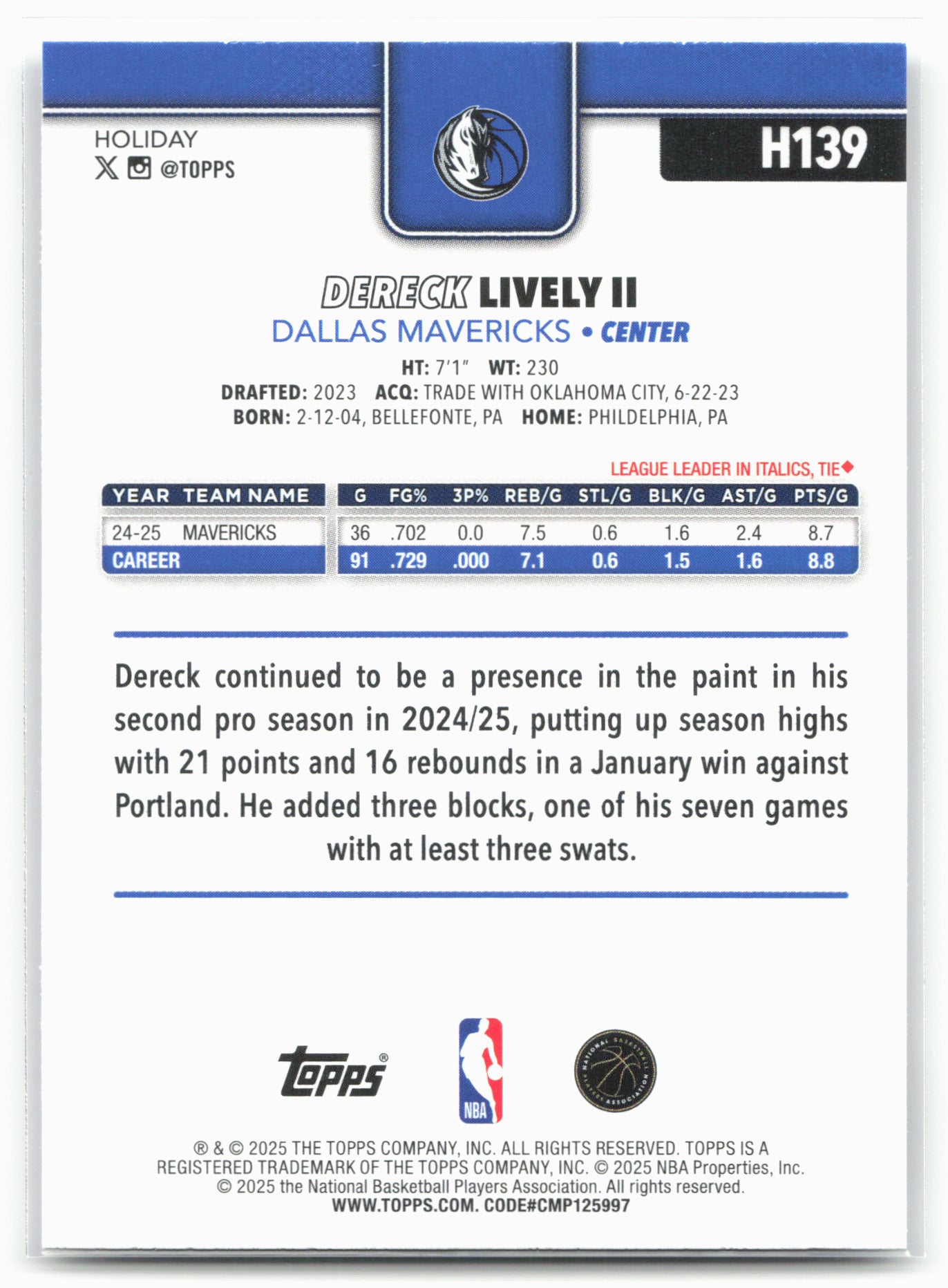 2025-26 Topps Holiday #H139 Dereck Lively II