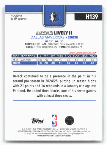 2025-26 Topps Holiday #H139 Dereck Lively II