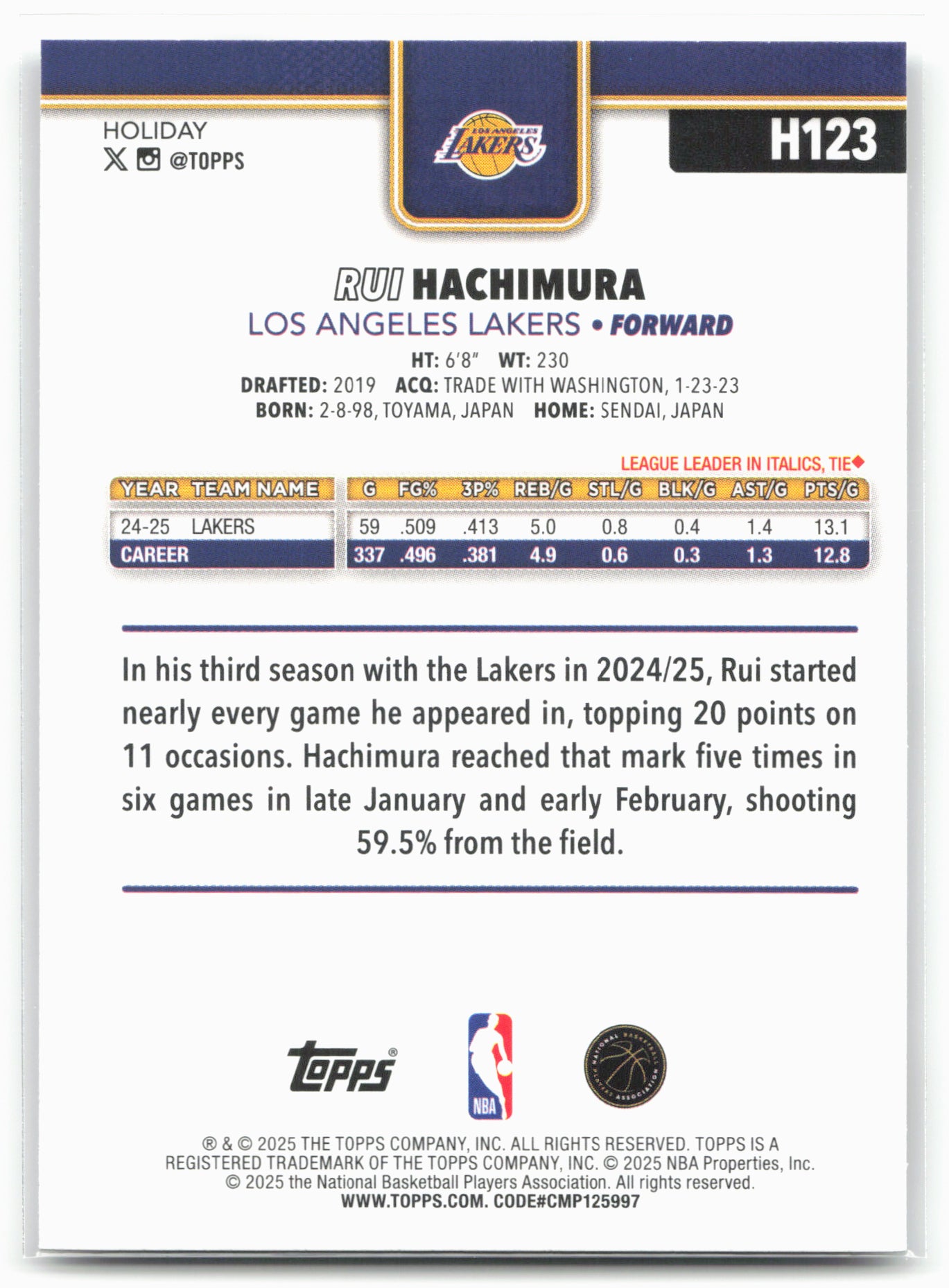 2025-26 Topps Holiday #H123 Rui Hachimura