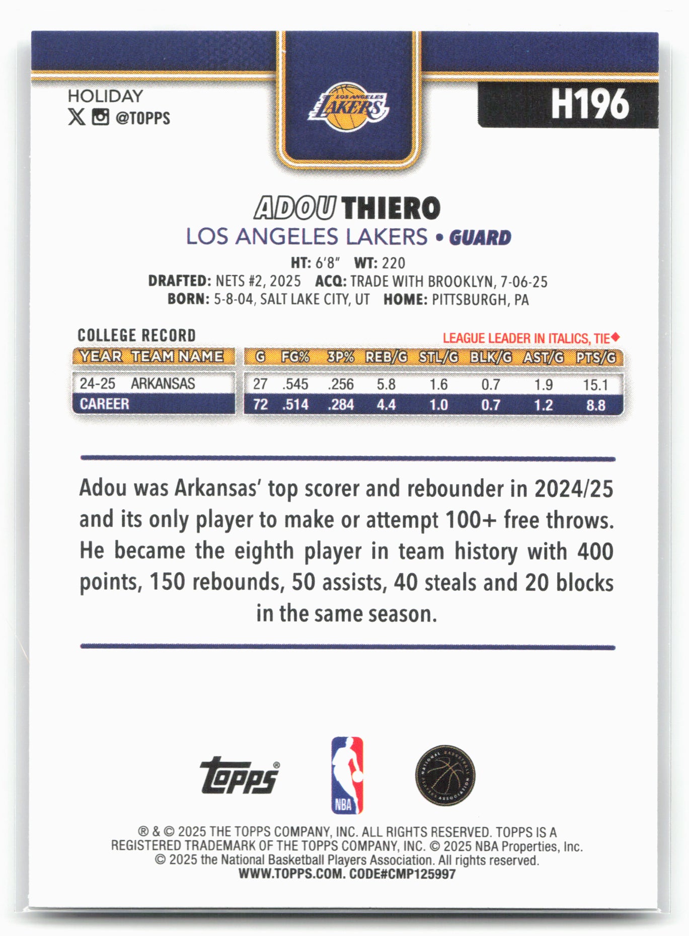 2025-26 Topps Holiday #H196 Adou Thiero