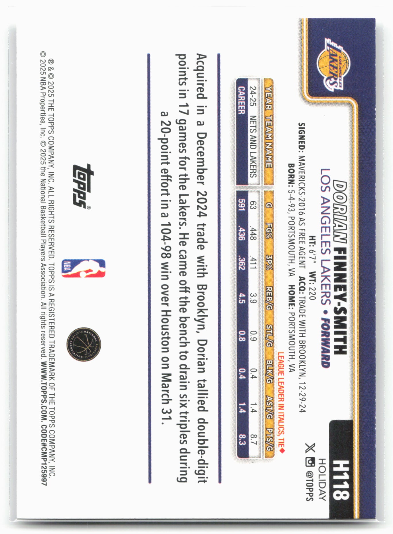 2025-26 Topps Holiday #H118 Dorian Finney-Smith