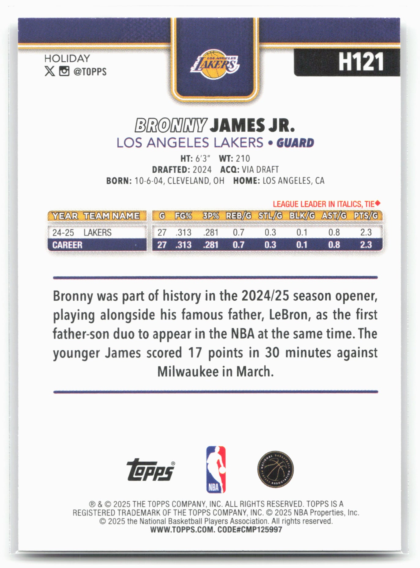 2025-26 Topps Holiday #H121 Bronny James Jr.