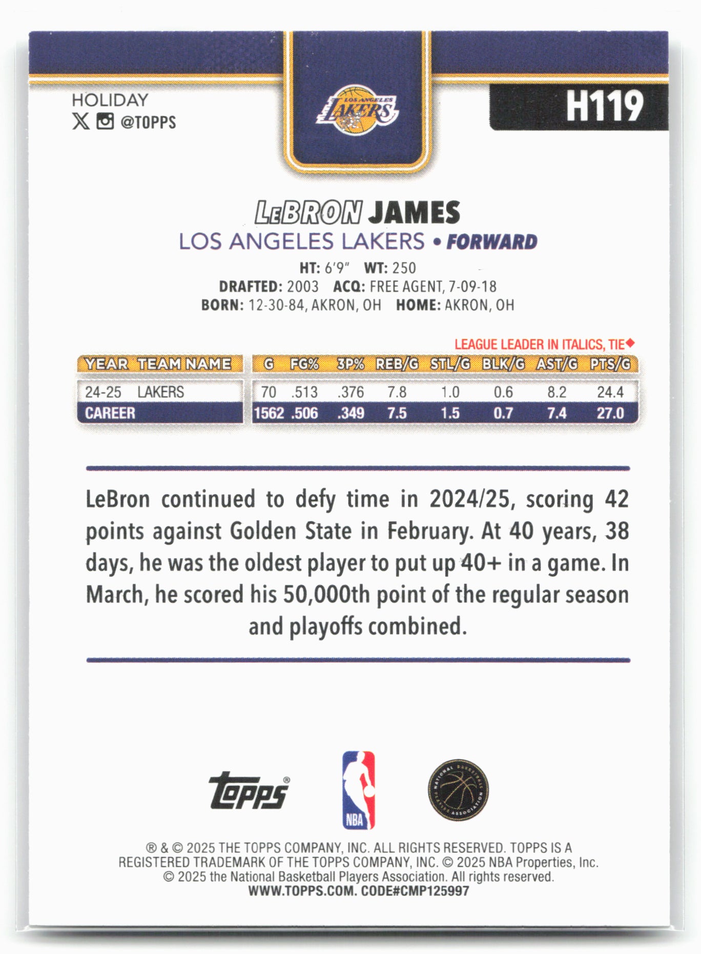 2025-26 Topps Holiday #H119 LeBron James