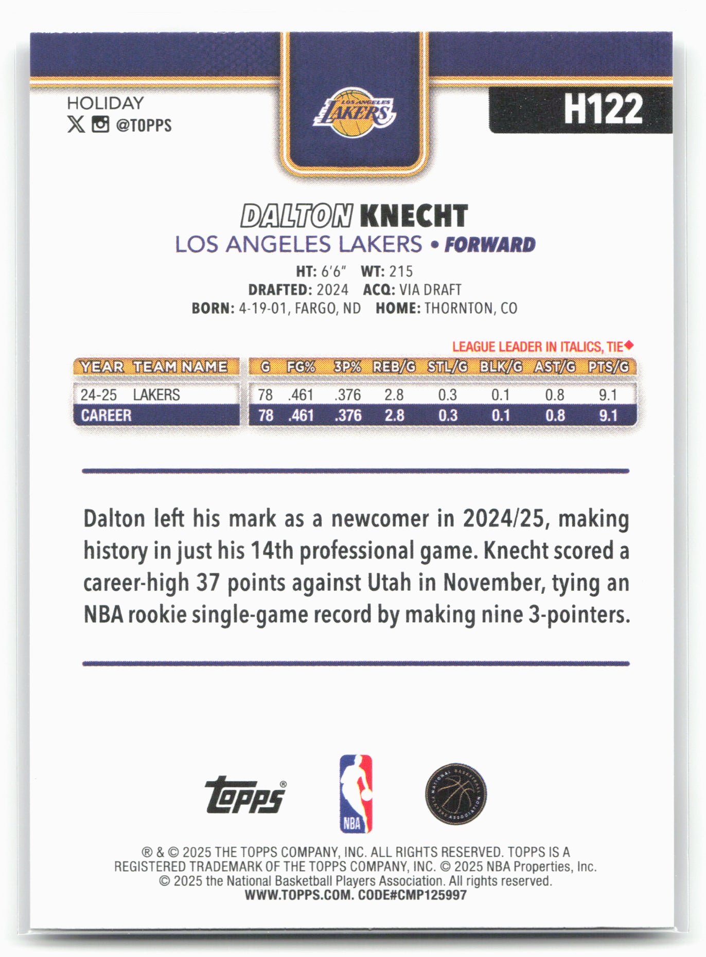 2025-26 Topps Holiday #H122 Dalton Knecht