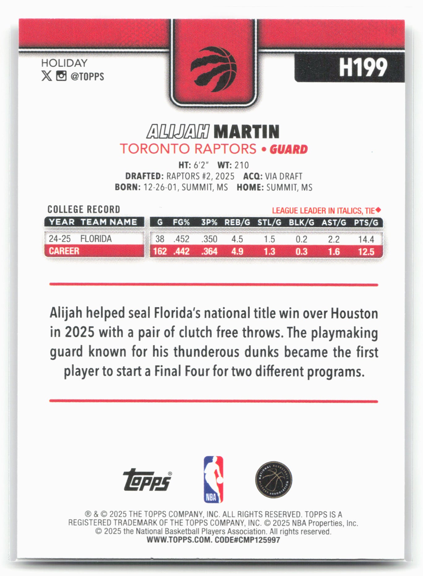 2025-26 Topps Holiday #H199 Alijah Martin