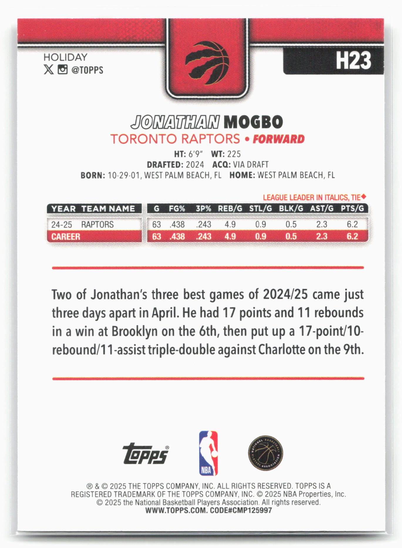 2025-26 Topps Holiday #H23 Jonathan Mogbo