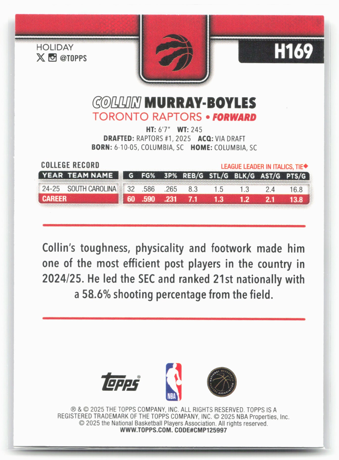 2025-26 Topps Holiday #H169 Collin Murray-Boyles