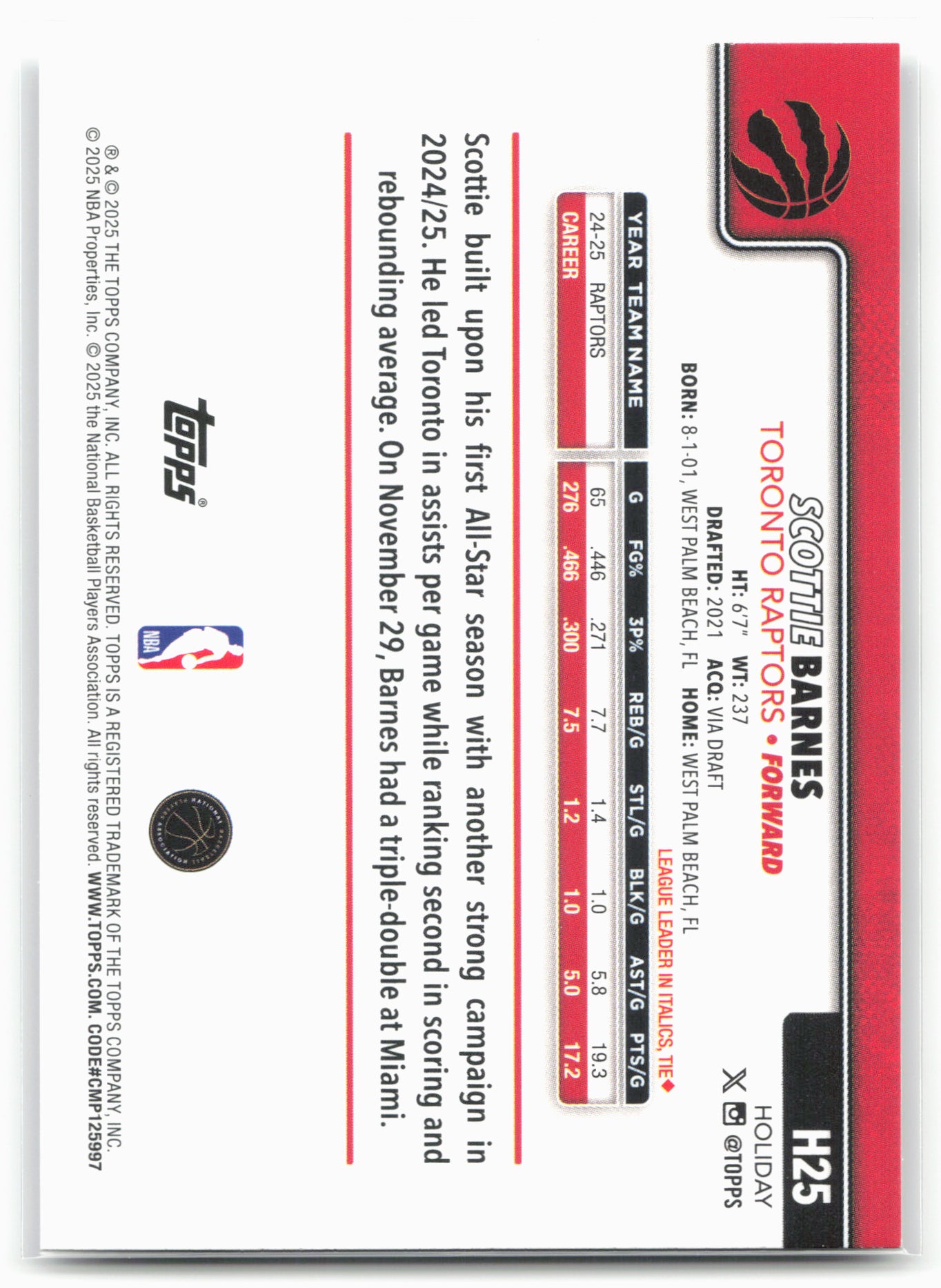 2025-26 Topps Holiday #H25 Scottie Barnes
