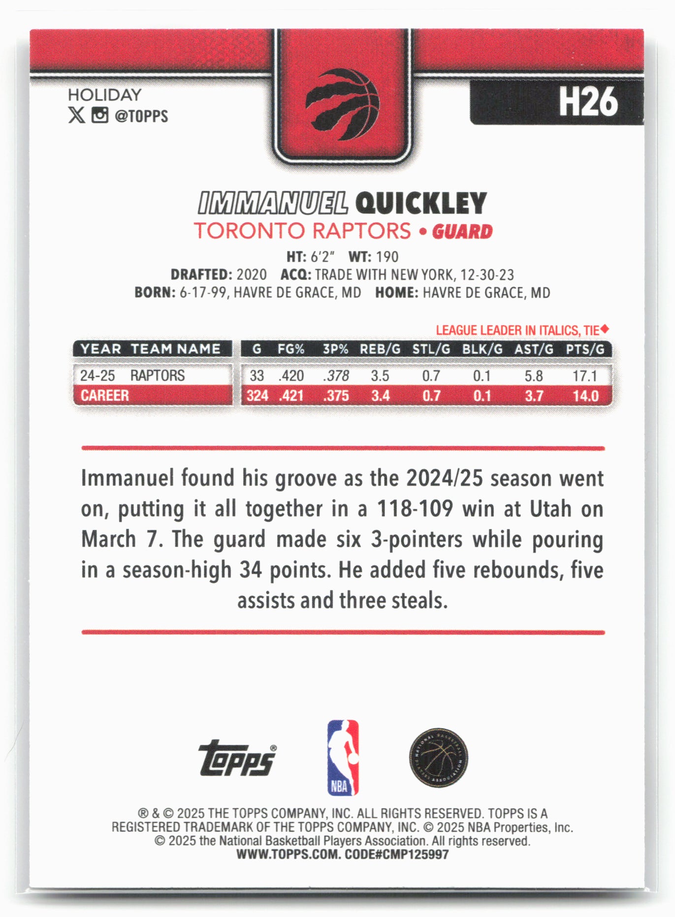 2025-26 Topps Holiday #H26 Immanuel Quickley