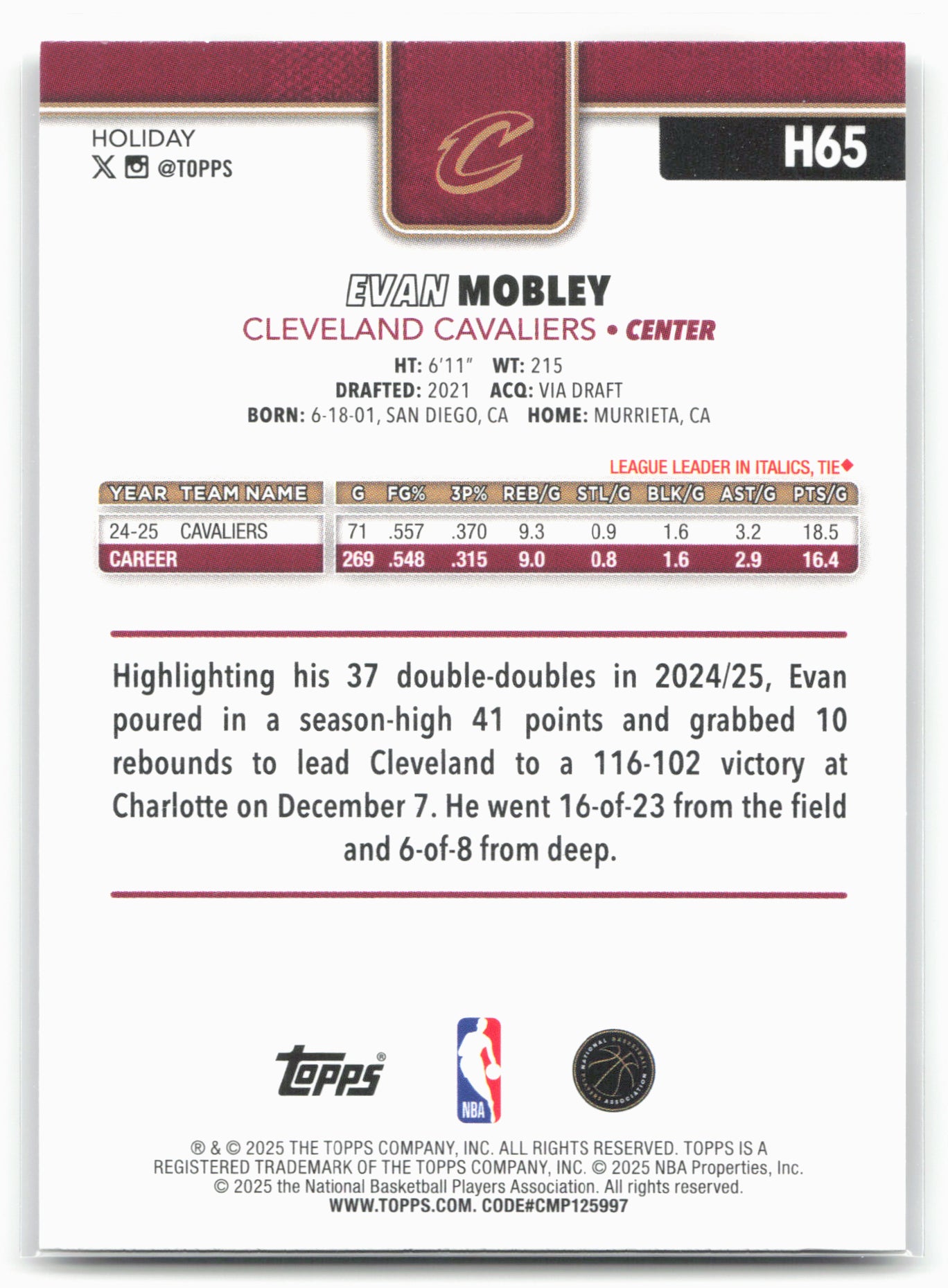 2025-26 Topps Holiday #H65 Evan Mobley