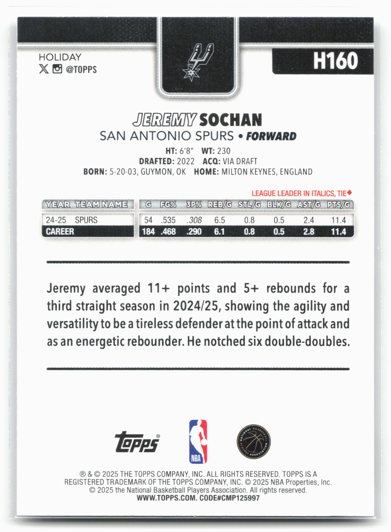 2025-26 Topps Holiday #H160 Jeremy Sochan