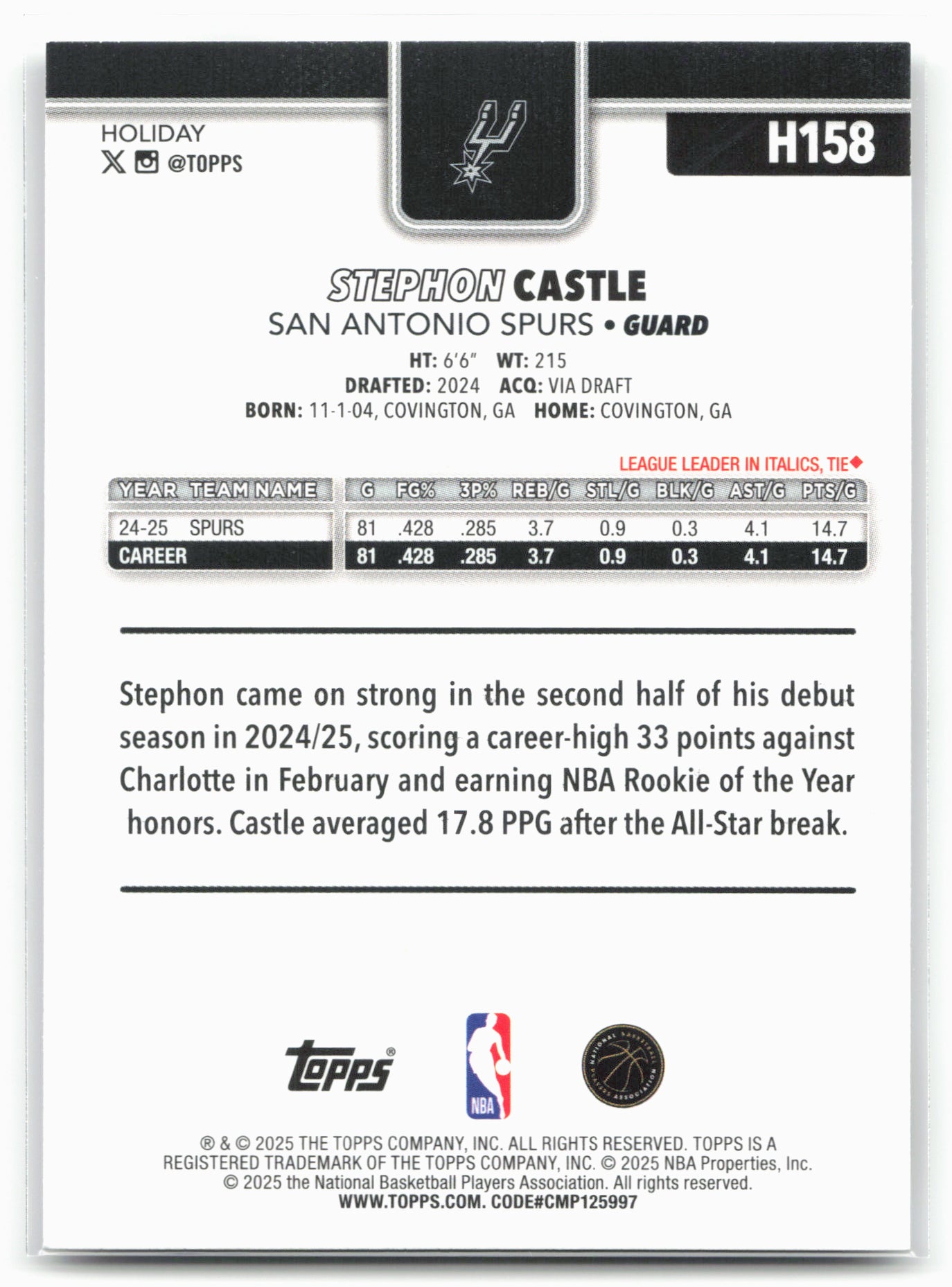 2025-26 Topps Holiday #H158 Stephon Castle