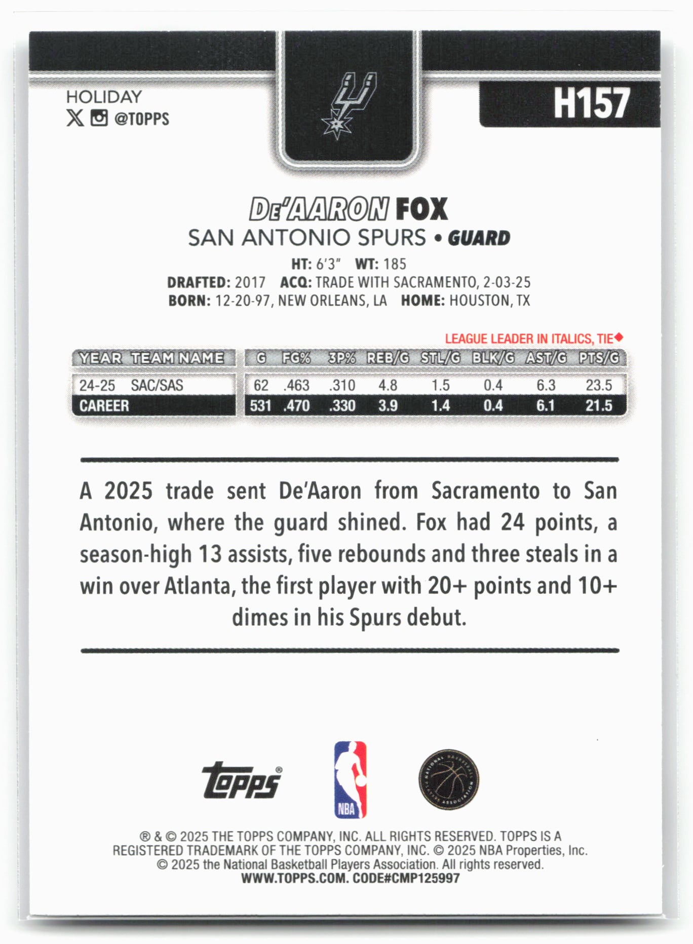 2025-26 Topps Holiday #H157 De'Aaron Fox