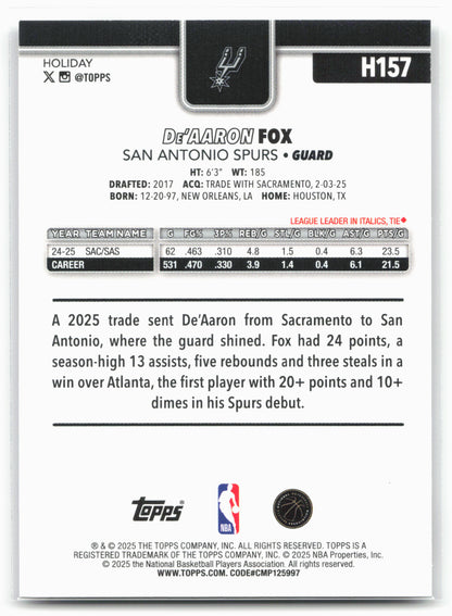 2025-26 Topps Holiday #H157 De'Aaron Fox