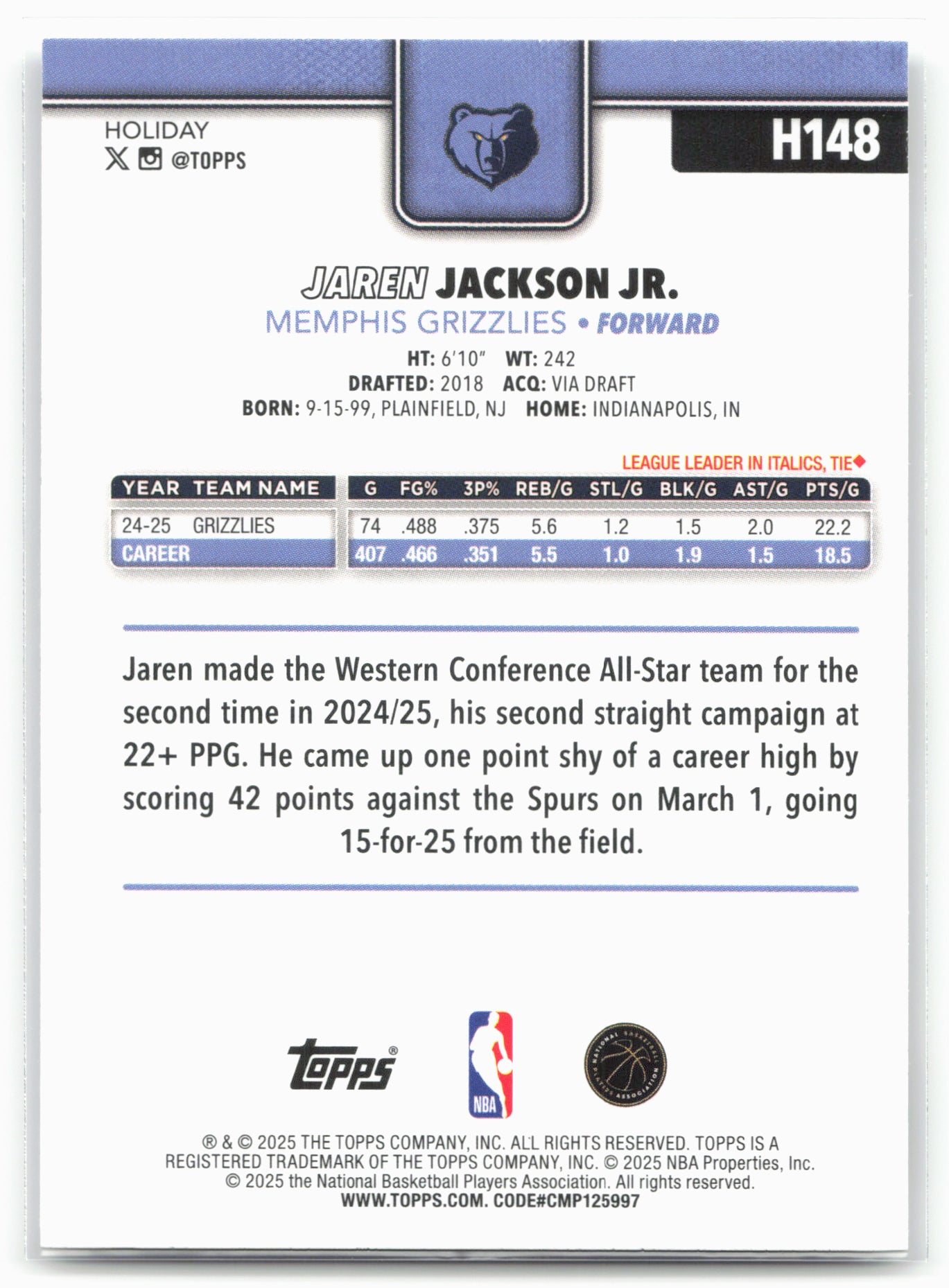2025-26 Topps Holiday #H148 Jaren Jackson Jr.