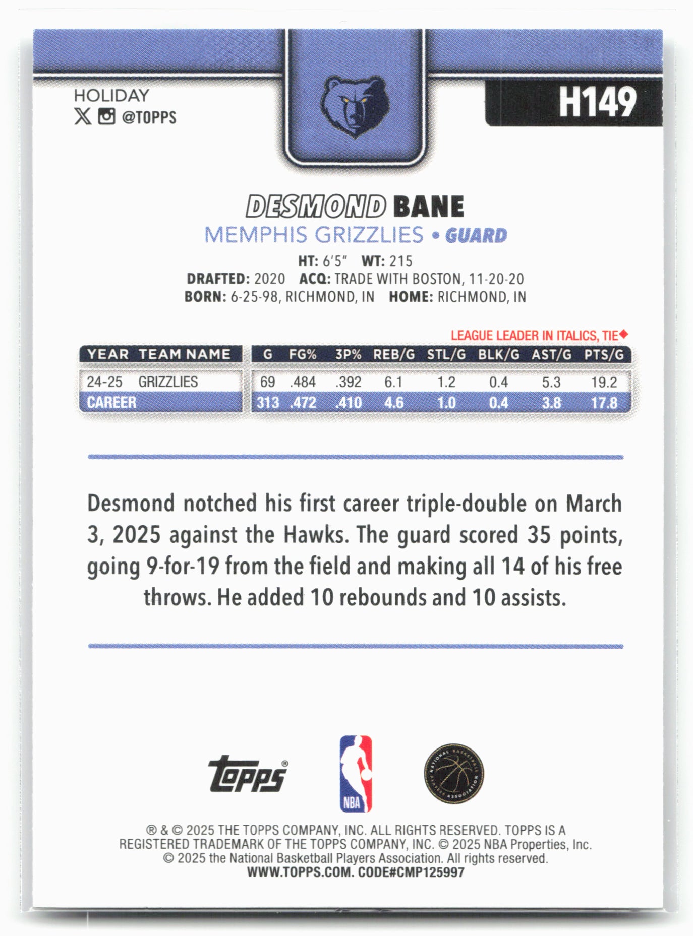 2025-26 Topps Holiday #H149 Desmond Bane