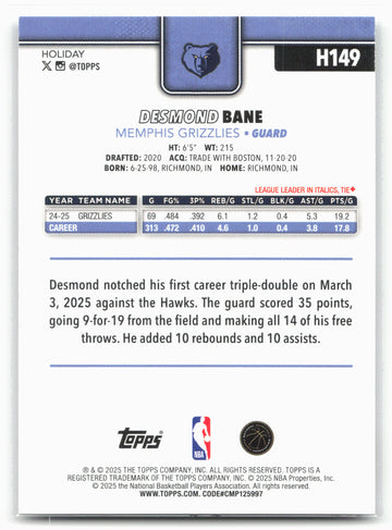 2025-26 Topps Holiday #H149 Desmond Bane