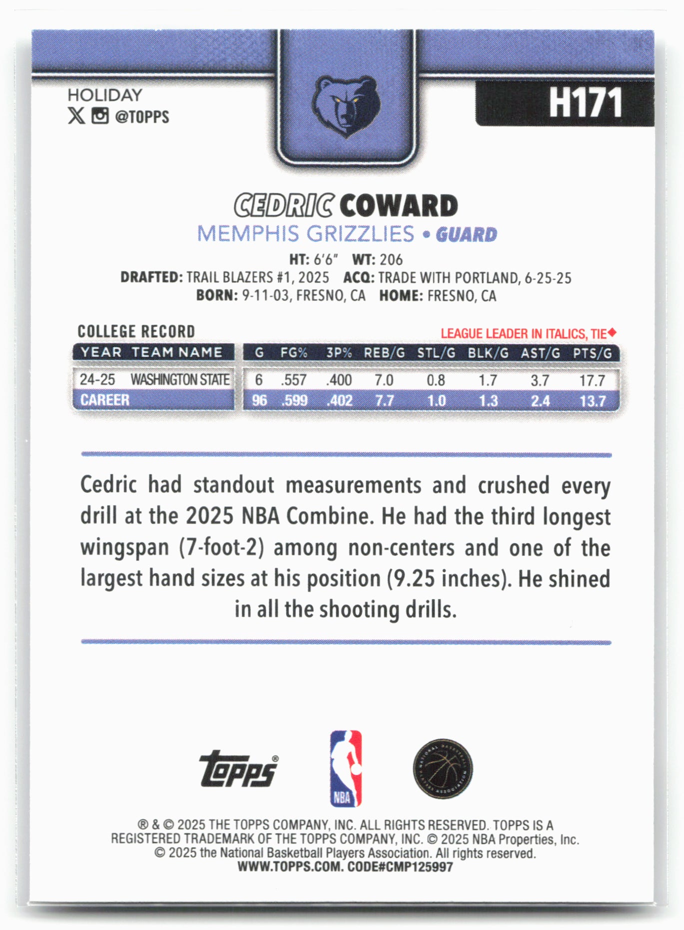 2025-26 Topps Holiday #H171 Cedric Coward