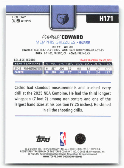 2025-26 Topps Holiday #H171 Cedric Coward