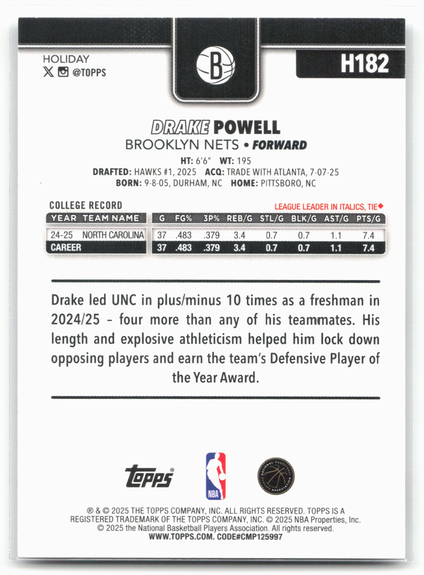 2025-26 Topps Holiday #H182 Drake Powell
