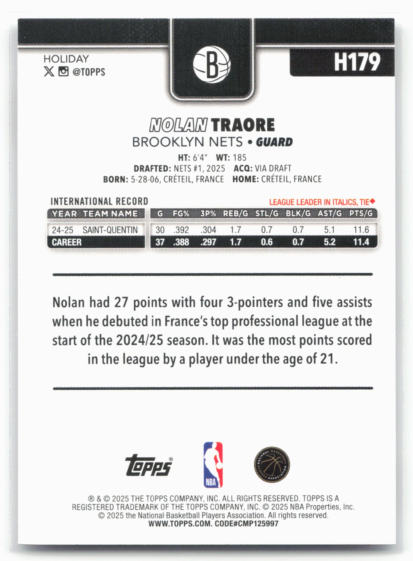 2025-26 Topps Holiday #H179 Nolan Traore