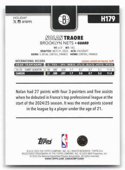 2025-26 Topps Holiday #H179 Nolan Traore