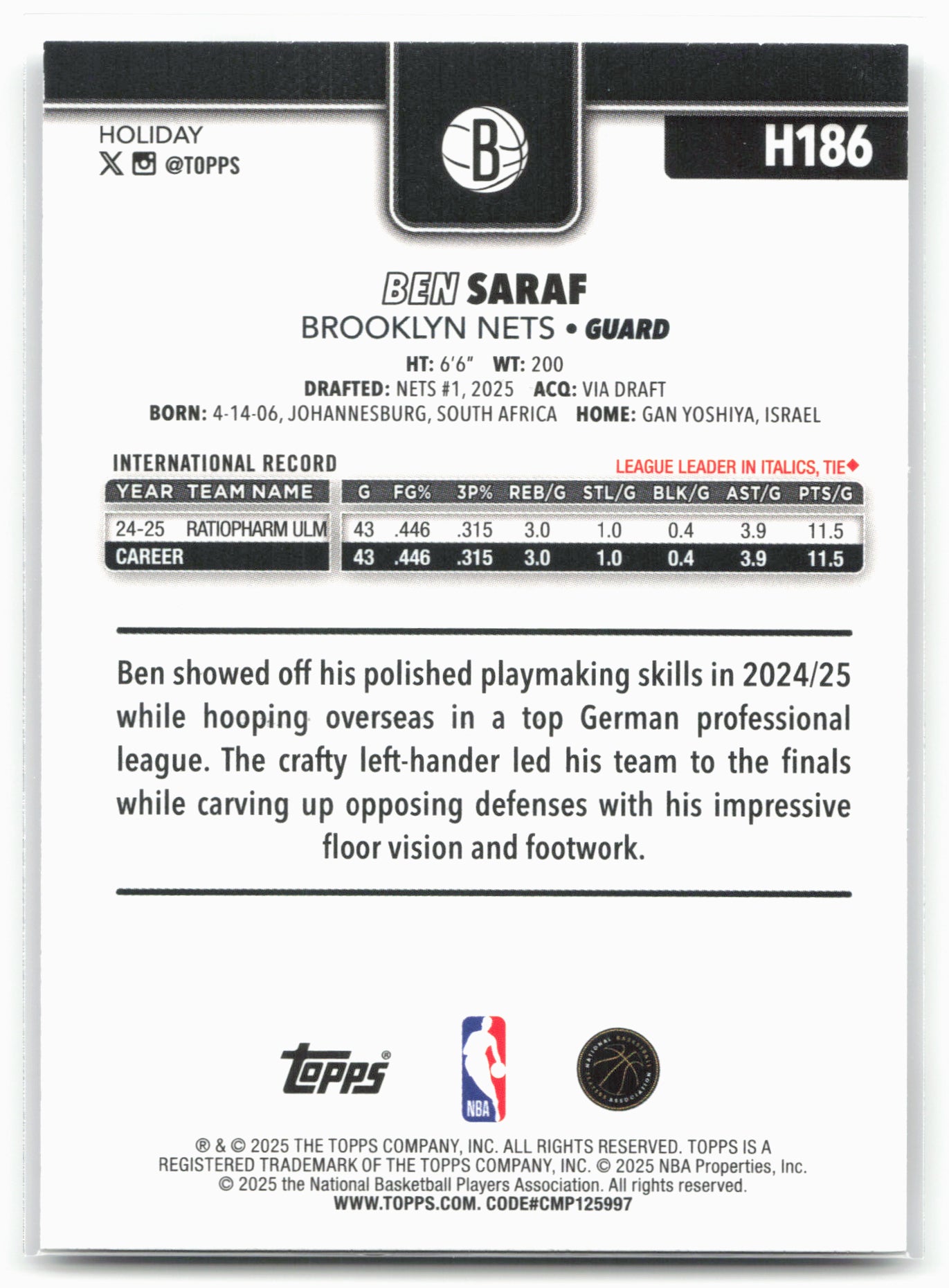 2025-26 Topps Holiday #H186 Ben Saraf