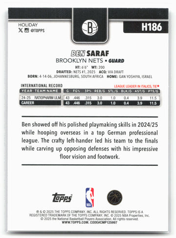 2025-26 Topps Holiday #H186 Ben Saraf