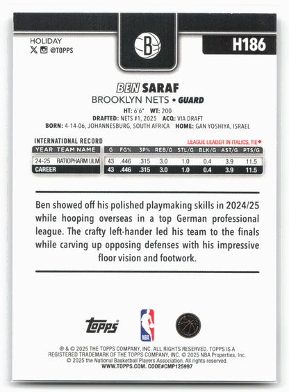 2025-26 Topps Holiday #H186 Ben Saraf