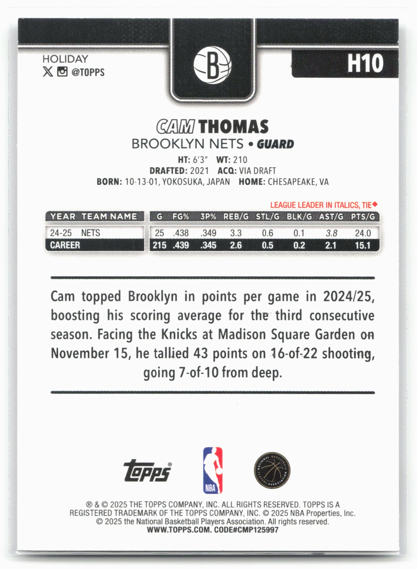 2025-26 Topps Holiday #H10 Cam Thomas
