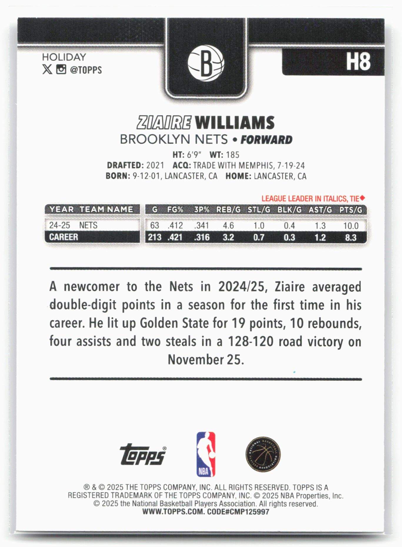 2025-26 Topps Holiday #H8 Ziaire Williams