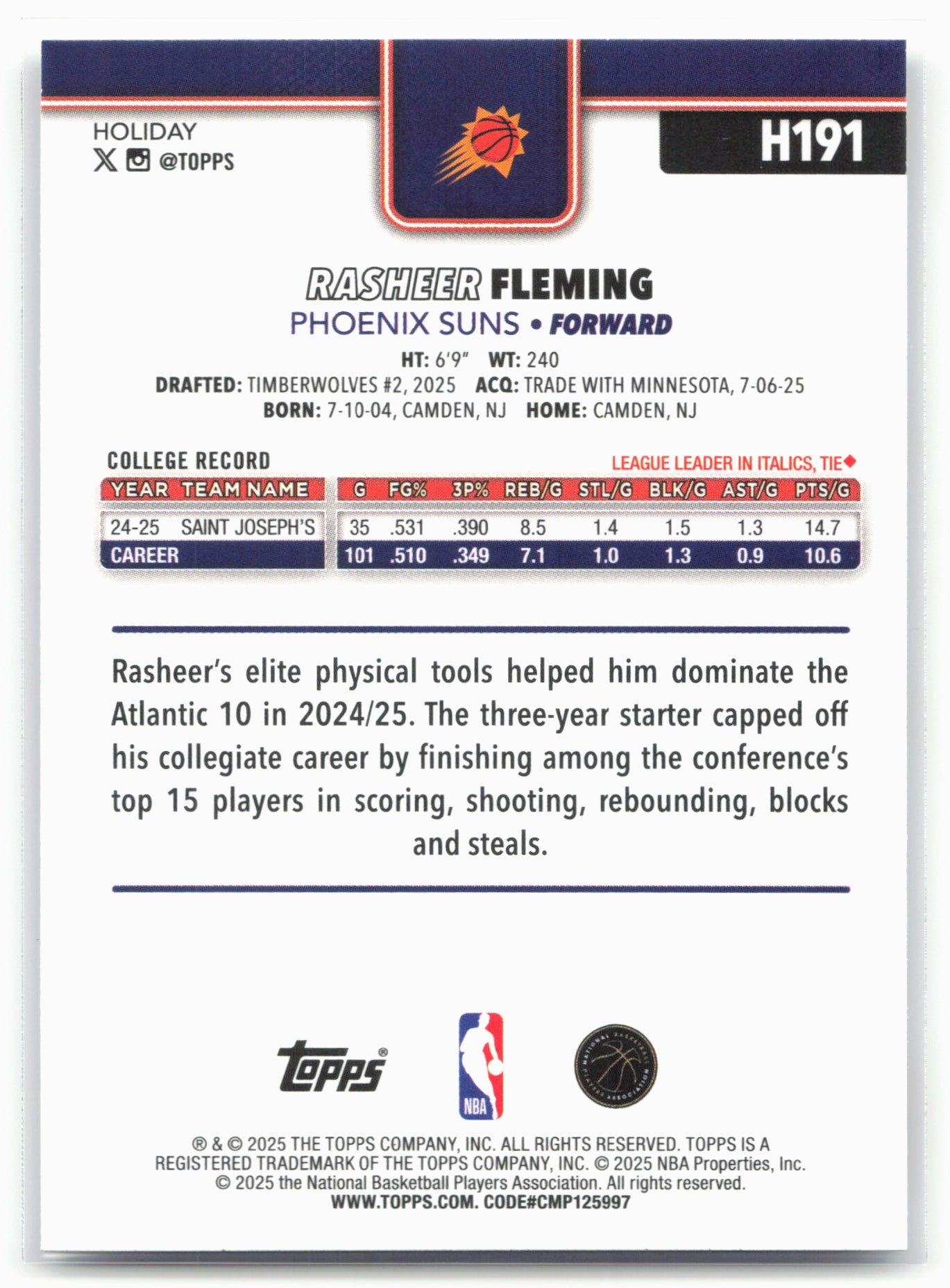 2025-26 Topps Holiday #H191 Rasheer Fleming
