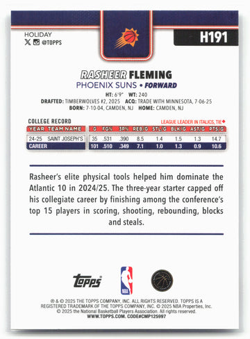 2025-26 Topps Holiday #H191 Rasheer Fleming