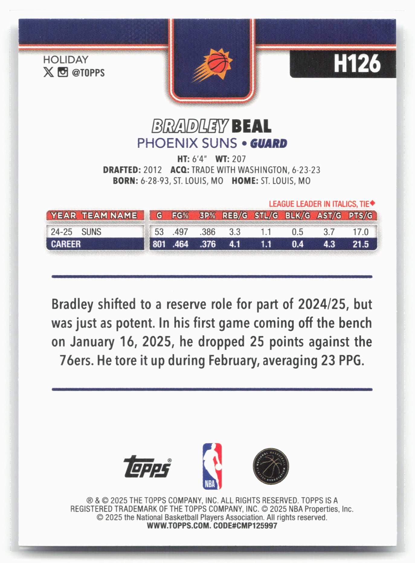 2025-26 Topps Holiday #H126 Bradley Beal